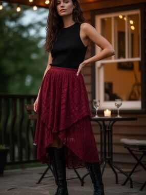NWT Women's Lace Tiered Asymmetrical Long Skirt